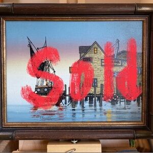 Framed Nautical Painting with Boat and Dock